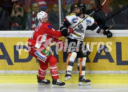 EBEL. Eishockey Bundesliga. KAC gegen	Dornbirn Bulldogs. Nicholas Eric Petersen,  (KAC), Scott Timmins (Dornbirn). Klagenfurt, am 13.1.2019.
Foto: Kuess

---
pressefotos, pressefotografie, kuess, qs, qspictures, sport, bild, bilder, bilddatenbank