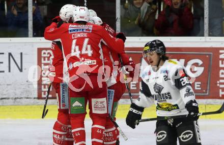 EBEL. Eishockey Bundesliga. KAC gegen	Dornbirn Bulldogs. Torjubel Stefan Geier, David Joseph Fischer, Adam Comrie (KAC). Klagenfurt, am 13.1.2019.
Foto: Kuess

---
pressefotos, pressefotografie, kuess, qs, qspictures, sport, bild, bilder, bilddatenbank