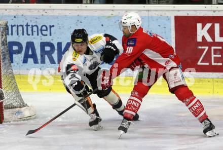 EBEL. Eishockey Bundesliga. KAC gegen	Dornbirn Bulldogs. Andrew Jacob Kozek, (KAC), Juuso Eemeli Pulli  (Dornbirn). Klagenfurt, am 13.1.2019.
Foto: Kuess

---
pressefotos, pressefotografie, kuess, qs, qspictures, sport, bild, bilder, bilddatenbank