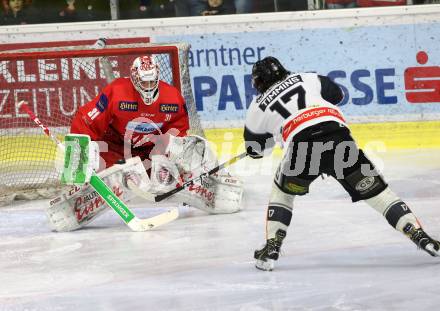 EBEL. Eishockey Bundesliga. KAC gegen	Dornbirn Bulldogs. David Madlener,  (KAC), Scott Timmins (Dornbirn). Klagenfurt, am 13.1.2019.
Foto: Kuess

---
pressefotos, pressefotografie, kuess, qs, qspictures, sport, bild, bilder, bilddatenbank