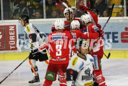 EBEL. Eishockey Bundesliga. KAC gegen	Dornbirn Bulldogs. Torjubel Andrew Jacob Kozek, Marco Richter, Matthew Neal (KAC). Klagenfurt, am 13.1.2019.
Foto: Kuess

---
pressefotos, pressefotografie, kuess, qs, qspictures, sport, bild, bilder, bilddatenbank