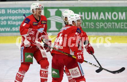 EBEL. Eishockey Bundesliga. KAC gegen	Dornbirn Bulldogs. Torjubel Adam Comrie, Nicholas Eric Petersen, Thomas Koch (KAC). Klagenfurt, am 13.1.2019.
Foto: Kuess

---
pressefotos, pressefotografie, kuess, qs, qspictures, sport, bild, bilder, bilddatenbank