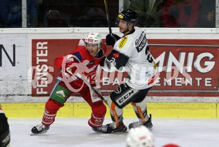 EBEL. Eishockey Bundesliga. KAC gegen	Dornbirn Bulldogs. Johannes Bischofberger,  (KAC), Olivier Magnan (Dornbirn). Klagenfurt, am 13.1.2019.
Foto: Kuess

---
pressefotos, pressefotografie, kuess, qs, qspictures, sport, bild, bilder, bilddatenbank