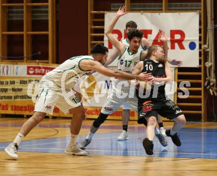 Basketball 2. Bundesliga. Grunddurchgang 14. Runde. KOS Celovec gegen   	BK Mattersburg Rocks.  Marin Sliskovic, Volkan Oezdemir (KOS), Claudio Vancura (BK Mattersburg Rocks). Klagenfurt, am 13.1.2019.
Foto: Kuess
---
pressefotos, pressefotografie, kuess, qs, qspictures, sport, bild, bilder, bilddatenbank