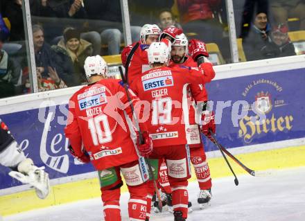 EBEL. Eishockey Bundesliga. KAC gegen	Dornbirn Bulldogs. Torjubel Thomas Koch, Nicholas Petersen, Stefan Geier, Andrew Kozek (KAC). Klagenfurt, am 13.1.2019.
Foto: Kuess

---
pressefotos, pressefotografie, kuess, qs, qspictures, sport, bild, bilder, bilddatenbank
