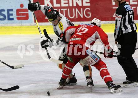 EBEL. Eishockey Bundesliga. KAC gegen	Dornbirn Bulldogs. Siim Liivik, (KAC), Stefan Haeussle (Dornbirn). Klagenfurt, am 13.1.2019.
Foto: Kuess

---
pressefotos, pressefotografie, kuess, qs, qspictures, sport, bild, bilder, bilddatenbank