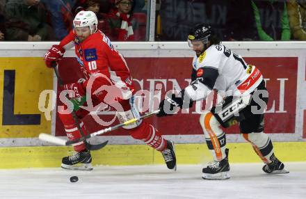 EBEL. Eishockey Bundesliga. KAC gegen	Dornbirn Bulldogs. Andrew Jacob Kozek,  (KAC), Scott Timmins (Dornbirn). Klagenfurt, am 13.1.2019.
Foto: Kuess

---
pressefotos, pressefotografie, kuess, qs, qspictures, sport, bild, bilder, bilddatenbank