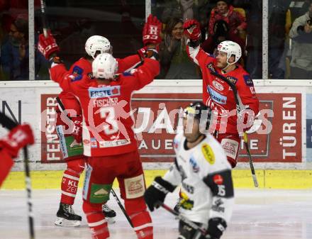 EBEL. Eishockey Bundesliga. KAC gegen	Dornbirn Bulldogs. Torjubel Stefan Geier, David Joseph Fischer (KAC). Klagenfurt, am 13.1.2019.
Foto: Kuess

---
pressefotos, pressefotografie, kuess, qs, qspictures, sport, bild, bilder, bilddatenbank