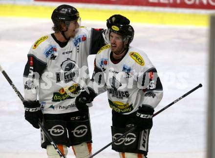 EBEL. Eishockey Bundesliga. KAC gegen	Dornbirn Bulldogs.  Torjubel Reid Colin McNeill, Brendan o Donell (Dornbirn). Klagenfurt, am 13.1.2019.
Foto: Kuess

---
pressefotos, pressefotografie, kuess, qs, qspictures, sport, bild, bilder, bilddatenbank