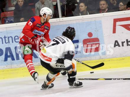 EBEL. Eishockey Bundesliga. KAC gegen	Dornbirn Bulldogs. Thomas Hundertpfund, (KAC), Scott Timmins  (Dornbirn). Klagenfurt, am 13.1.2019.
Foto: Kuess

---
pressefotos, pressefotografie, kuess, qs, qspictures, sport, bild, bilder, bilddatenbank