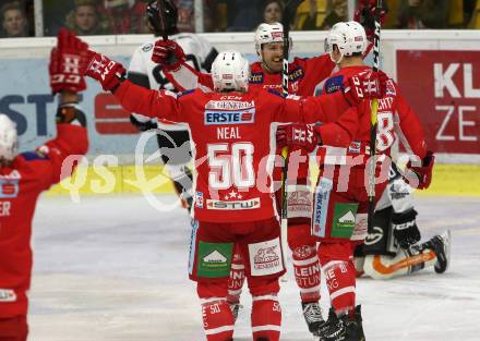EBEL. Eishockey Bundesliga. KAC gegen	Dornbirn Bulldogs. Torjubel Andrew Jacob Kozek, Marco Richter, Matthew Neal (KAC). Klagenfurt, am 13.1.2019.
Foto: Kuess

---
pressefotos, pressefotografie, kuess, qs, qspictures, sport, bild, bilder, bilddatenbank
