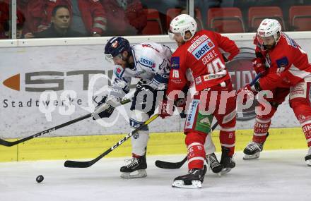 EBEL. Eishockey Bundesliga. KAC gegen	Fehervar AV 19. Stefa Geier, Thomas Koch,  (KAC),  Eric Wayne Meland (Alba Volan). Klagenfurt, am 18.1.2019.
Foto: Kuess

---
pressefotos, pressefotografie, kuess, qs, qspictures, sport, bild, bilder, bilddatenbank