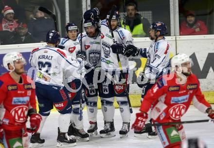 EBEL. Eishockey Bundesliga. KAC gegen	Fehervar AV 19. Torjubel Eric Wayne Meland (Alba Volan). Klagenfurt, am 18.1.2019.
Foto: Kuess

---
pressefotos, pressefotografie, kuess, qs, qspictures, sport, bild, bilder, bilddatenbank