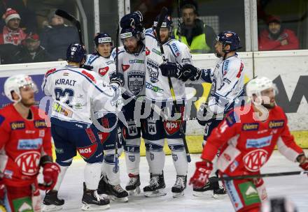 EBEL. Eishockey Bundesliga. KAC gegen	Fehervar AV 19. Torjubel Eric Wayne Meland (Alba Volan). Klagenfurt, am 18.1.2019.
Foto: Kuess

---
pressefotos, pressefotografie, kuess, qs, qspictures, sport, bild, bilder, bilddatenbank