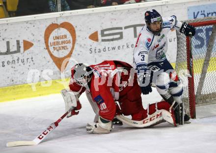 EBEL. Eishockey Bundesliga. KAC gegen	Fehervar AV 19. Lars Haugen, (KAC), Aron Sandor Reisz  (Alba Volan). Klagenfurt, am 18.1.2019.
Foto: Kuess

---
pressefotos, pressefotografie, kuess, qs, qspictures, sport, bild, bilder, bilddatenbank