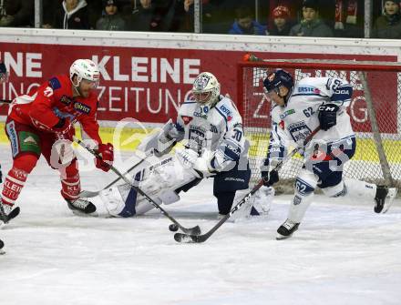 EBEL. Eishockey Bundesliga. KAC gegen	Fehervar AV 19. Thomas Hundertpfund,  (KAC), MacMillan Carruth, Harri Tikkanen (Alba Volan). Klagenfurt, am 18.1.2019.
Foto: Kuess

---
pressefotos, pressefotografie, kuess, qs, qspictures, sport, bild, bilder, bilddatenbank