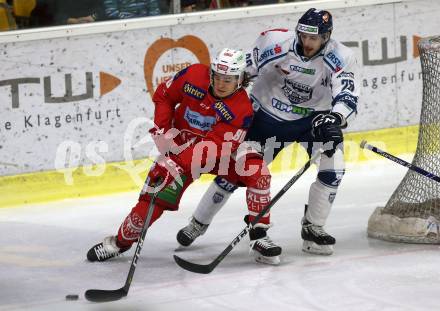 EBEL. Eishockey Bundesliga. KAC gegen	Fehervar AV 19. Nikolaus Kraus,  (KAC), Daniel Szabo (Alba Volan). Klagenfurt, am 18.1.2019.
Foto: Kuess

---
pressefotos, pressefotografie, kuess, qs, qspictures, sport, bild, bilder, bilddatenbank