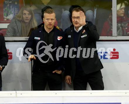 EBEL. Eishockey Bundesliga. KAC gegen	Fehervar AV 19.  Trainer Hannu Jaervenpaeae (rechts) (Alba Volan). Klagenfurt, am 18.1.2019.
Foto: Kuess

---
pressefotos, pressefotografie, kuess, qs, qspictures, sport, bild, bilder, bilddatenbank