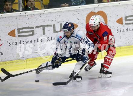 EBEL. Eishockey Bundesliga. KAC gegen	Fehervar AV 19. Thomas Koch,  (KAC), Daniel Szabo (Alba Volan). Klagenfurt, am 18.1.2019.
Foto: Kuess

---
pressefotos, pressefotografie, kuess, qs, qspictures, sport, bild, bilder, bilddatenbank