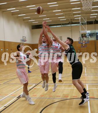 Basketball 2. Bundesliga. Grunddurchgang 15. Runde. Raiders Villach gegen Deutsch Wagram Alligators.  Lukas Siqueira, Ziga Erculj, Martin Bajc,  (Villach),   Marko Goranovic (Deutsch Wagram Alligators). Klagenfurt, am 20.1.2019.
Foto: Kuess
---
pressefotos, pressefotografie, kuess, qs, qspictures, sport, bild, bilder, bilddatenbank