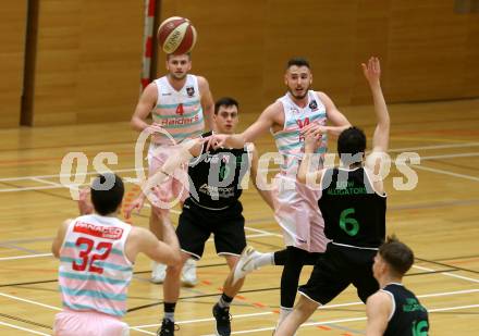 Basketball 2. Bundesliga. Grunddurchgang 15. Runde. Raiders Villach gegen Deutsch Wagram Alligators. Martin Bajc, Ziga Erculj, Antonio Boban, (Villach), Samuel Ringhofer, Paul Rotter   (Deutsch Wagram Alligators). Klagenfurt, am 20.1.2019.
Foto: Kuess
---
pressefotos, pressefotografie, kuess, qs, qspictures, sport, bild, bilder, bilddatenbank