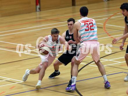 Basketball 2. Bundesliga. Grunddurchgang 15. Runde. Raiders Villach gegen Deutsch Wagram Alligators. Ziga Erculj, Antonio Boban,  (Villach),   Samuel Ringhofer (Deutsch Wagram Alligators). Klagenfurt, am 20.1.2019.
Foto: Kuess
---
pressefotos, pressefotografie, kuess, qs, qspictures, sport, bild, bilder, bilddatenbank
