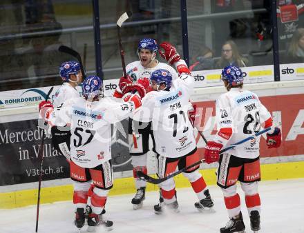 EBEL. Eishockey Bundesliga. EC VSV gegen HC TWK Innsbruck.  Torjubel Yogan Andrew Michael, Guimond Sacha, Clark Andrew, Wachter Daniel, Boivin Michael (Innsbruck). Villach, am 25.1.2019.
Foto: Kuess 


---
pressefotos, pressefotografie, kuess, qs, qspictures, sport, bild, bilder, bilddatenbank