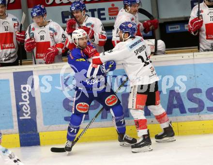 EBEL. Eishockey Bundesliga. EC VSV gegen HC TWK Innsbruck.  DeSantis Jason (VSV),  Spurgeon Tyler (Innsbruck). Villach, am 25.1.2019.
Foto: Kuess 


---
pressefotos, pressefotografie, kuess, qs, qspictures, sport, bild, bilder, bilddatenbank