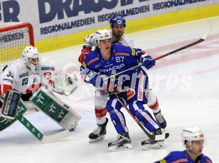 EBEL. Eishockey Bundesliga. EC VSV gegen HC TWK Innsbruck. Szabad Kevin  (VSV), Pedevilla Florian (Innsbruck). Villach, am 25.1.2019.
Foto: Kuess 


---
pressefotos, pressefotografie, kuess, qs, qspictures, sport, bild, bilder, bilddatenbank