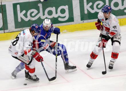 EBEL. Eishockey Bundesliga. EC VSV gegen HC TWK Innsbruck.  Alderson Brandon (VSV), Boivin Michael, Guimond Sacha (Innsbruck). Villach, am 25.1.2019.
Foto: Kuess 


---
pressefotos, pressefotografie, kuess, qs, qspictures, sport, bild, bilder, bilddatenbank