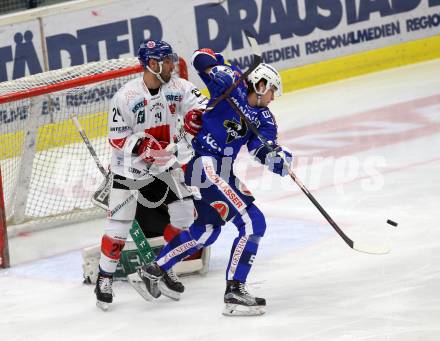 EBEL. Eishockey Bundesliga. EC VSV gegen HC TWK Innsbruck. Szabad Kevin  (VSV), Pedevilla Florian (Innsbruck). Villach, am 25.1.2019.
Foto: Kuess 


---
pressefotos, pressefotografie, kuess, qs, qspictures, sport, bild, bilder, bilddatenbank