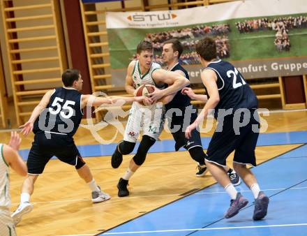 Basketball 2. Bundesliga. Grunddurchgang 16. Runde. KOS Celovec gegen   	BBC Nord Dragonz. Lovro Fizuleto (KOS), Dragisa Najdanovic, Julian Thomas, Lukas Knor (BBC Nord Dragonz). Klagenfurt, am 27.1.2019.
Foto: Kuess
---
pressefotos, pressefotografie, kuess, qs, qspictures, sport, bild, bilder, bilddatenbank