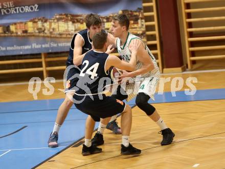 Basketball 2. Bundesliga. Grunddurchgang 16. Runde. KOS Celovec gegen   	BBC Nord Dragonz. Lovro Fizuleto (KOS), Bernhard Graf, Lukas Knor (BBC Nord Dragonz). Klagenfurt, am 27.1.2019.
Foto: Kuess
---
pressefotos, pressefotografie, kuess, qs, qspictures, sport, bild, bilder, bilddatenbank