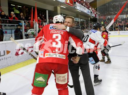 EBEL. Eishockey Bundesliga. KAC gegen	HC Orli Znojmo. Ehrung Jamie Lundmark. Jamie Lundmark, David Fischer. Klagenfurt, am 27.1.2019.
Foto: Kuess

---
pressefotos, pressefotografie, kuess, qs, qspictures, sport, bild, bilder, bilddatenbank