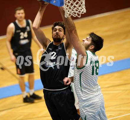 Basketball 2. Bundesliga. Grunddurchgang 16. Runde. KOS Celovec gegen   	BBC Nord Dragonz. Marin Sliskovic (KOS), Lukas Baumgartner (BBC Nord Dragonz). Klagenfurt, am 27.1.2019.
Foto: Kuess
---
pressefotos, pressefotografie, kuess, qs, qspictures, sport, bild, bilder, bilddatenbank