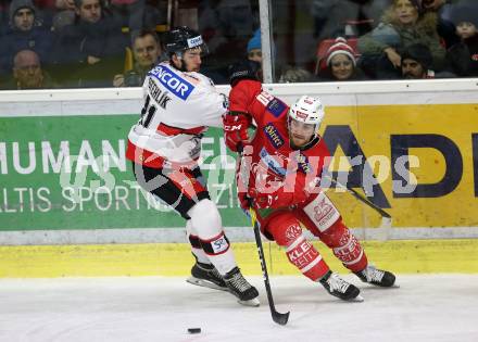 EBEL. Eishockey Bundesliga. KAC gegen	HC Orli Znojmo. Matthew Neal,  (KAC), Jakub Stehlik (Znojmo). Klagenfurt, am 27.1.2019.
Foto: Kuess

---
pressefotos, pressefotografie, kuess, qs, qspictures, sport, bild, bilder, bilddatenbank