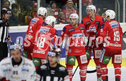 EBEL. Eishockey Bundesliga. KAC gegen	HC Orli Znojmo. Torjubel David Joseph Fischer, Thomas Koch, Matthew Neal, Nicholas Eric Petersen, Stefan Geier (KAC). Klagenfurt, am 27.1.2019.
Foto: Kuess

---
pressefotos, pressefotografie, kuess, qs, qspictures, sport, bild, bilder, bilddatenbank