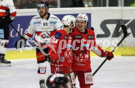 EBEL. Eishockey Bundesliga. KAC gegen	HC Orli Znojmo. Torjubel Nikolaus Kraus, Siim Liivik (KAC). Klagenfurt, am 27.1.2019.
Foto: Kuess

---
pressefotos, pressefotografie, kuess, qs, qspictures, sport, bild, bilder, bilddatenbank