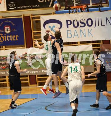 Basketball 2. Bundesliga. Grunddurchgang 16. Runde. KOS Celovec gegen   	BBC Nord Dragonz. Jan Razdevsek, Lovro Fizuleto (KOS), Lukas Knor, Ognjen Drljaca, Bernhard Graf (BBC Nord Dragonz). Klagenfurt, am 27.1.2019.
Foto: Kuess
---
pressefotos, pressefotografie, kuess, qs, qspictures, sport, bild, bilder, bilddatenbank