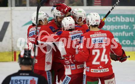 EBEL. Eishockey Bundesliga. KAC gegen	HC Orli Znojmo. Torjubel Nikolaus Kraus, Siim Liivik, Marcel Witting, Steven Strong (KAC). Klagenfurt, am 27.1.2019.
Foto: Kuess

---
pressefotos, pressefotografie, kuess, qs, qspictures, sport, bild, bilder, bilddatenbank