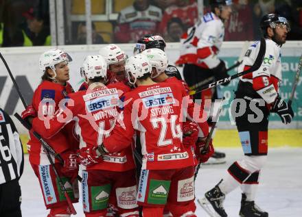 EBEL. Eishockey Bundesliga. KAC gegen	HC Orli Znojmo. Torjubel Nikolaus Kraus, Siim Liivik, Marcel Witting, Steven Strong (KAC). Klagenfurt, am 27.1.2019.
Foto: Kuess

---
pressefotos, pressefotografie, kuess, qs, qspictures, sport, bild, bilder, bilddatenbank