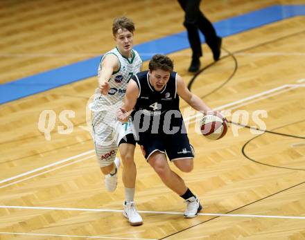 Basketball 2. Bundesliga. Grunddurchgang 16. Runde. KOS Celovec gegen   	BBC Nord Dragonz. Valentin Pasterk (KOS), Ognjen Drljaca (BBC Nord Dragonz). Klagenfurt, am 27.1.2019.
Foto: Kuess
---
pressefotos, pressefotografie, kuess, qs, qspictures, sport, bild, bilder, bilddatenbank