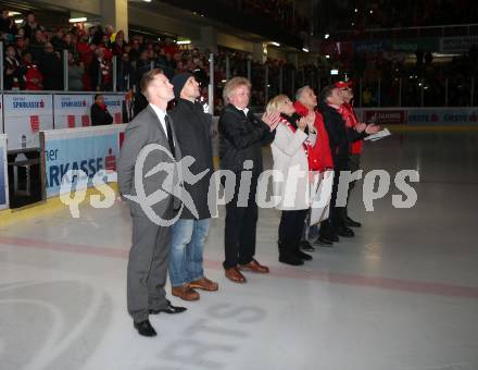 EBEL. Eishockey Bundesliga. KAC gegen	HC Orli Znojmo. Jamie Lundmark, Johannes Reichel,  Dietmar Krenn, Maria-Luise Mathiaschitz, Juergen Pfeiler, Arno Arthofer, . Klagenfurt, am 27.1.2019.
Foto: Kuess

---
pressefotos, pressefotografie, kuess, qs, qspictures, sport, bild, bilder, bilddatenbank