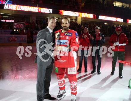 EBEL. Eishockey Bundesliga. KAC gegen	HC Orli Znojmo. Ehrung Jamie Lundmark. Jamie Lundmark, Thomas Koch. Klagenfurt, am 27.1.2019.
Foto: Kuess


---
pressefotos, pressefotografie, kuess, qs, qspictures, sport, bild, bilder, bilddatenbank