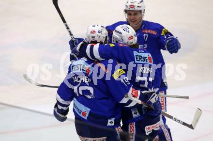 EBEL. Eishockey Bundesliga. EC VSV gegen Dornbirn Bulldogs. Torjubel Stefan Bacher, Christof Kromp, Philipp Wohlfahrt  (VSV). Villach, am 1.2.2019.
Foto: Kuess 


---
pressefotos, pressefotografie, kuess, qs, qspictures, sport, bild, bilder, bilddatenbank