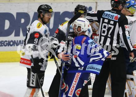 EBEL. Eishockey Bundesliga. EC VSV gegen Dornbirn Bulldogs. Nico Brunner,  (VSV), Brodie Dupont  (Dornbirn). Villach, am 1.2.2019.
Foto: Kuess 


---
pressefotos, pressefotografie, kuess, qs, qspictures, sport, bild, bilder, bilddatenbank