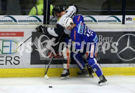 EBEL. Eishockey Bundesliga. EC VSV gegen Dornbirn Bulldogs. Stefan Bacher,   (VSV), Stefan Haeussle (Dornbirn). Villach, am 1.2.2019.
Foto: Kuess 


---
pressefotos, pressefotografie, kuess, qs, qspictures, sport, bild, bilder, bilddatenbank