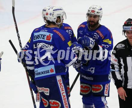 EBEL. Eishockey Bundesliga. EC VSV gegen Dornbirn Bulldogs.  Torjubel Brandon Alderson, Jerry Pollastrone  (Dornbirn). Villach, am 1.2.2019.
Foto: Kuess 


---
pressefotos, pressefotografie, kuess, qs, qspictures, sport, bild, bilder, bilddatenbank