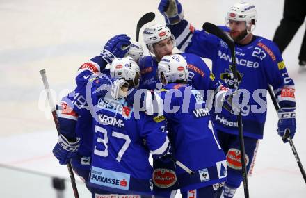 EBEL. Eishockey Bundesliga. EC VSV gegen Dornbirn Bulldogs.  Torjubel Stefan Bacher, Christof Kromp, Philipp Wohlfahrt, Felix Maxa. Markus Schlacher (VSV). Villach, am 1.2.2019.
Foto: Kuess 


---
pressefotos, pressefotografie, kuess, qs, qspictures, sport, bild, bilder, bilddatenbank
