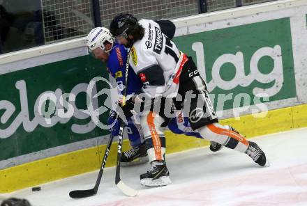 EBEL. Eishockey Bundesliga. EC VSV gegen Dornbirn Bulldogs.  Nico Brunner,  (VSV), Scott Timmins (Dornbirn). Villach, am 1.2.2019.
Foto: Kuess 


---
pressefotos, pressefotografie, kuess, qs, qspictures, sport, bild, bilder, bilddatenbank